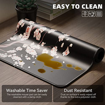 ETZ Japanese Cherry Blossom Gaming Mouse Pad XL | Sakura Pink Floral Mat, Stitched Edges, Non-Slip Rubber Base, Extended Desk Surface, Washable, 31.5x11.8", 3mm Thick - color: Plum Mouse Pad - 1