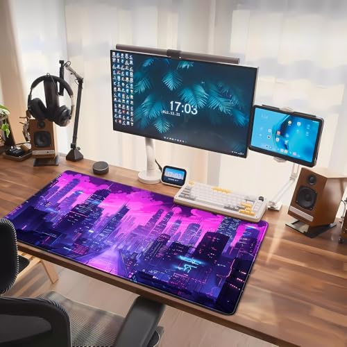 Cyberpunk Neon Purple City Gaming Desk Mouse Pad XL Pink Extended Mouse Pad Gaming, Keyboard Pc Office Laptop Mousepad Large, 31.5x15.8 in with Stitched Eges Non-Slip Base Mouse Pads - color: City Skyline