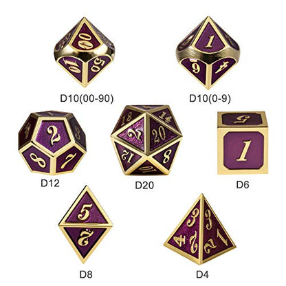 D&D Table Game Dice Set, 7PCS Metal Die with Metal Gift Box for Dungeons and Dragons (Dark Purple and Gold Number) - color: Dark Purple With Gold
