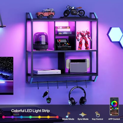 HOOBRO Gaming Floating Shelves with LED Lights, 28.7" LED Wall Mounted Shelf, 3-Tier Display Rack for Wall Storage, Floating Rack with Hanging Rod and 6 S-Hooks, for Gaming Room, Black BB70DBJ01 - color: Black