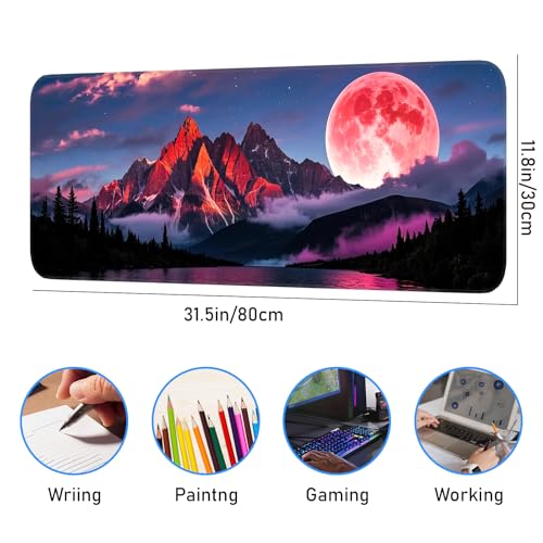 Mouse Pad, Gaming Mouse Pad, Large Laptop Pad, Waterproof and Non-Slip, Gaming Office Sewn Desk Pad, 31.5x11.8 Inch Extended, Moon Mountain - color: Moon mountain scenery