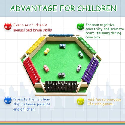 Shut The Box – Colorful Wooden Board Game for 6 Players with 12 Dice, Educational Math & Number Fun for Kids, Adults, Family, Party Game (Instructions Included)