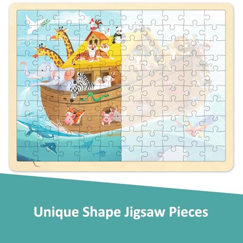 Wooden Puzzles for Kids Ages 3-5, Noah's Ark, 100 Piece | Religious Scene, Christian Bible Puzzles for Kids Ages 4-8, With Tray - style: 100 Piece