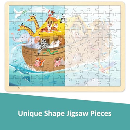 Wooden Puzzles for Kids Ages 3-5, Noah's Ark, 100 Piece | Religious Scene, Christian Bible Puzzles for Kids Ages 4-8, With Tray - style: 100 Piece