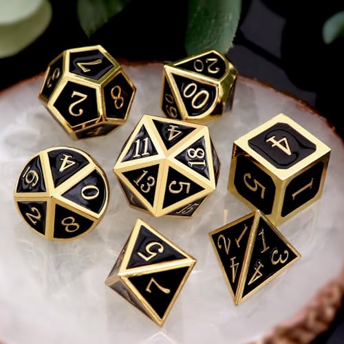 Haxtec Gold Black Metal DND Dice Set Enamel D&D Dice with Leather Dice Bag Compatible with Dungeons and Dragons TTRPG Gamer Gift for DND Lovers Black Metal Dice - color: Gold Black
