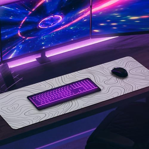 Mouse Pad Gaming Mousepad, 31.5 x 11.8in Large Desk Mat Keyboard Pads Extend Long XL Mouse Mat with Non-Slip Base Desk Accessories for Home Office Keyboard Mouse (White Topographic) - color: White Topographic