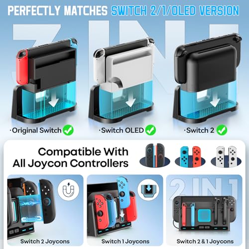 for Mac Game Switch 2/1 Charging Dock Station Compatible with Joycon 1/2 Controller, Switch 2 Controller Charger, Joycon Charging Dock, Game Accessories with 9 RGB Light Modes - size: L-Black-Switch 1/2