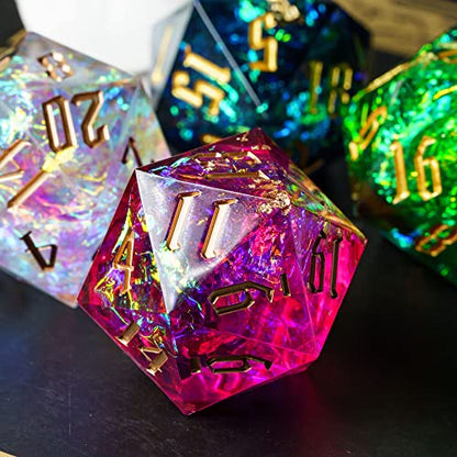 Cusdie Single D20 DND Dice with Sharp Edges and Glitter Foil Inclusions, 20 Sided D&D Dice, 33mm Handcrafted, for Role Playing Game (Red) - color: Red