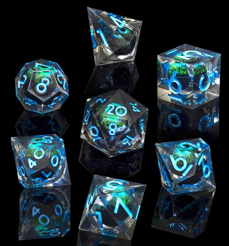 Beholder's Dragon Eye DND Dice Set, Liquid Core Cat Eye Sharp Edged Resin Dice for Dungeons and Dragons,7pcs RPG Polyhedral MTG Role Playing Dice D20 D12 D10 D8 D6 D4 with Gift Box(BlueDark) - color: Blue Dark Cat Eye
