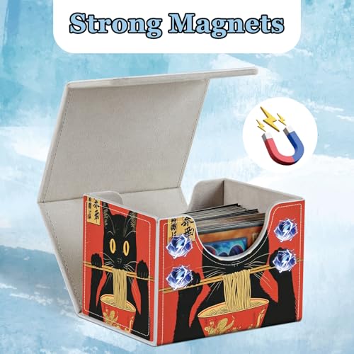 Commander Deck Box for Trading Cards - Fits 100+ Double Sleeved Cards, PU Leather MTG TCG Storage Case with Strong Magnetic Closure, Cat Eating Ramen - color: Cat Eating Ramen