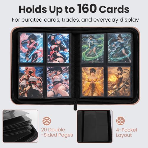 4 Pocket Trading Card Binder, Ringless Card Binder with Zipper for TCG and Sport Cards Collections, Holds 160 Cards with Side-Loading Pages, Pink - color: 1.Pink - 4 Pocket - 160 Slots