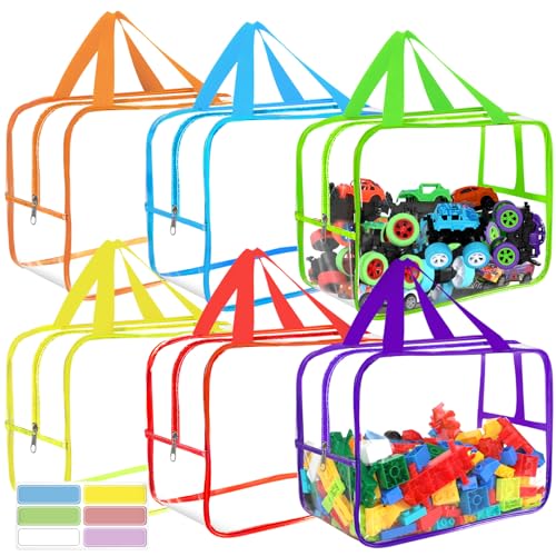6 Colors Widen X-Large Toy Storage Bags 12.6×9.25×6.9In with Labels, Reusable Clear PVC Board Game Storage, Travel Waterproof Organizer Bags with Zipper for Building Blocks, Puzzle, Stuffed Animals - color: Multicolor, size: X-Large