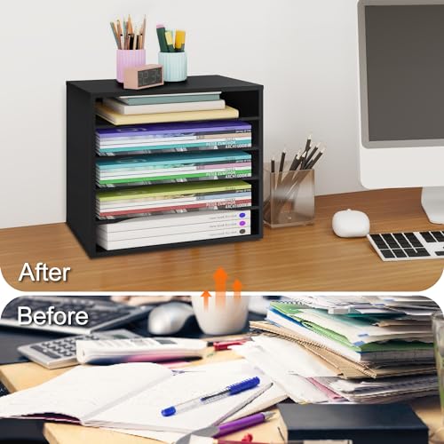 EMERIT 4-Tier Adjustable Paper Organizer, Large Capacity Book Shelf for Textbooks/Magazines/Office Files, Wooden Dividers, 7 lbs per Shelf, Black - color: 5 Tier-black