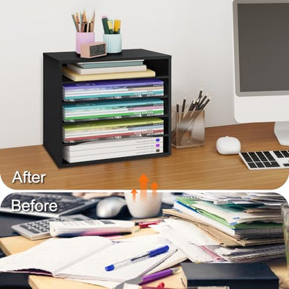 EMERIT 4-Tier Adjustable Paper Organizer, Large Capacity Book Shelf for Textbooks/Magazines/Office Files, Wooden Dividers, 7 lbs per Shelf, Black - color: 5 Tier-black