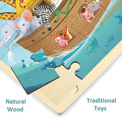 24 Piece Puzzles for Kids 3 Year Old, Noah's Ark | Religious Bible Puzzle, Wooden Jigsaw Puzzles, Ages 3-5, Preschool Puzzle for 3 4 5 Year Old, With Tray - style: 24 Piece