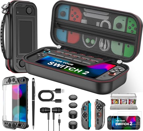 Larstylee 8 in 1 Switch 2 Accessories Bundle, Carrying Case, Screen Protectors, Protective Cases, Thumb Caps, Earbuds, Stylus, Card Case, Cable Skin - color: Black, size: 8 in 1 Switch 2 Accessories