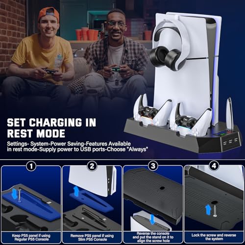 PS5 Slim Cooling Station with Controller Charging Station for PlayStation 5 Console Slim&Standard Disc/Digital, PS5 Cooling Stand Accessories with Cooler Fan/3 USB Hubs/Media&Headset Holder - Black - color: For PS5 Slim+PS5 Black