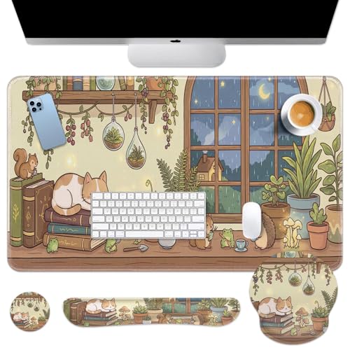 Arttown Keyboard Mouse Pad Set, 4 in 1 Desk Mat Set Kawaii Mushroom | Cat Frog Large Mousepad+Keyboard Wrist Rest+Mouse Wrist Rest+Coaster Ergonomic Design for Home Office Computer - color: Cat Frog