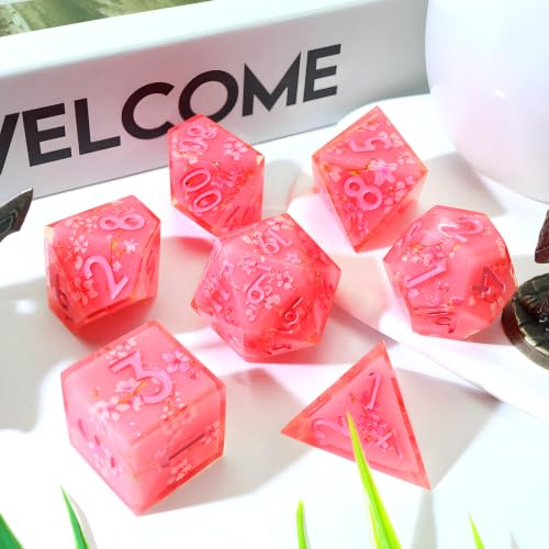 XENOLUX Resin DND Dice Set, Sakura Pink Polyhedral RPG Dice with Translucent Floral Stickers, Spring Aesthetic Tabletop Accessories for Dungeons and Dragons Board Games (L1) - color: L1