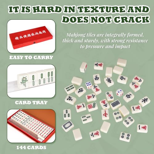 Portable Chinese Mahjong Set with 144 Mini Tiles, Travel Mahjong Game Set with 4 Clear Racks, 2 Dice & Spare Tiles, Compact Mahjong Board Game for Family, Outdoor Travel Gift (Ivory)