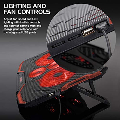 Enhance Cryogen Gaming Laptop Cooling Pad - Fits 17 in. Computer, PS4 - Adjustable Laptop Cooling Stand with 5 Quiet Cooler Fans, 2 USB Ports and LED Lighting - Slim Portable Design 2500 RPM (Red) - color: Red