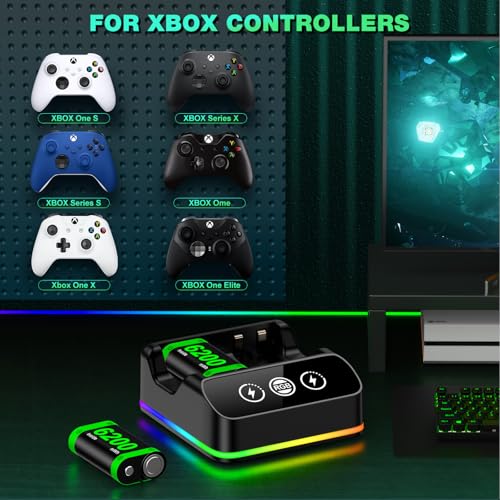 DINOSTRIKE 2X 6200mWh Controller Battery Pack Rechargeable Compatible with Xbox One【RGB Charging Station】【Extended USB C Cable】 Rechargeable Battery for Xbox Series S/X - size: S-2Pack