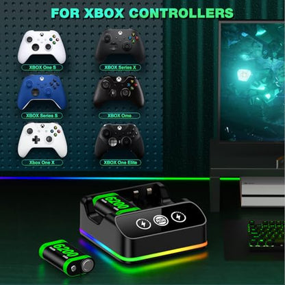 DINOSTRIKE 2X 6200mWh Controller Battery Pack Rechargeable Compatible with Xbox One【RGB Charging Station】【Extended USB C Cable】 Rechargeable Battery for Xbox Series S/X - size: S-2Pack