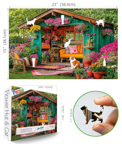 Flower House 500 Piece Puzzle for Adults Colorful Garden Shed Cat Jigsaw Puzzles with Letters on Back Perfect Family Challenge for Game Nights(23"X15") - color: Flower House