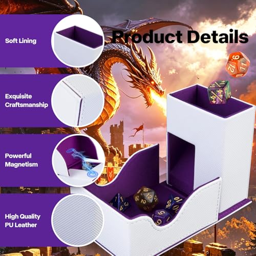 Dice Roller Tower, Premium DND Magnetic Dice Tray, Foldable PU Leather Dice Tower RPG Gifts for Dungeons and Dragons MTG Dm & Player White/Purple（ Deep Dragon） - color: White/Purple