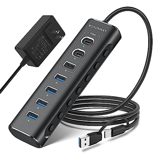 Powered USB Hub, Rosonway 7-Port USB 3.2/USB C Hub with 10Gbps USB-A 3.2, 2 USB-C 3.2, 4 USB 3.0 Ports, Individual Switches and 12V Power Adapter, Aluminum USB Port Expander for Laptop/PC, RSH-A107C - size: 7-Port Powered USB Hub