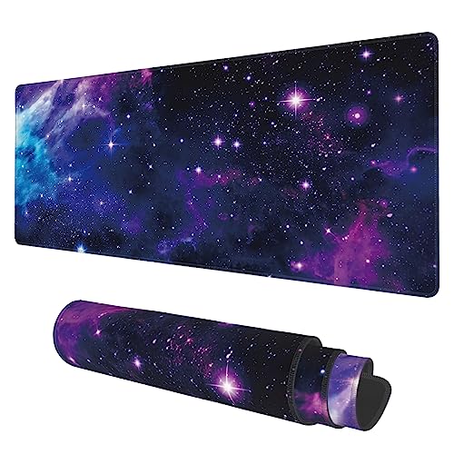 Desk Mat, Galaxy Nebula Universe Space Extended Gaming Mouse Pad Large, Big Mouse Pad with Non-Slip Base and Stitched Edge, Long Computer Keyboard Mouse Mat for Home Office - color: Galaxy Nebula Universe Space, size: 11.8" x 31.5"