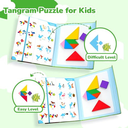 BenBen Travel Tangram Puzzle with Magnetic Wooden Shapes for Kids 4-8 8-12 | Extra Large Dual-Sided Magnet Surface, Color Pattern IQ Book, Road Trip Car Plane Game, Educational STEM Toys for Kids Adults - style: 7 Pieces Blocks