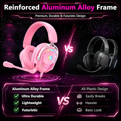K98 Wired RGB Gaming Headset with Mic, Over Ear Gaming Headphones, 50mm Neodymium Drivers, Noise Isolating Microphone, Memory Foam Cushions, Aluminum Alloy Frame for PC, PS5, PS4, Xbox, Switch - color: Pink RGB
