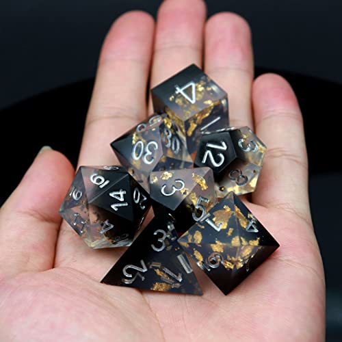 Haxtec DND Dice Set Black Sharp Edge Resin Dice Gold Flakes with Dice Case Black White Gold D&D Dice for RPG Role Playing Games Compatible with Dungeons and Dragons Gift War Series - color: Black Gold