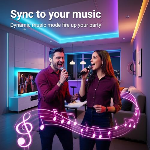hyrion 50ft USB-Powered RGB LED Strip Lights, Music Sync & Sound-Reactive Color Changing Lights for Bedroom, TV Backlight, Gaming Setup, Bluetooth, IR Remote & Smart App Control | Enjoy Music Sync, Color Changing Lighting, IR Remote Control, Perfect for T