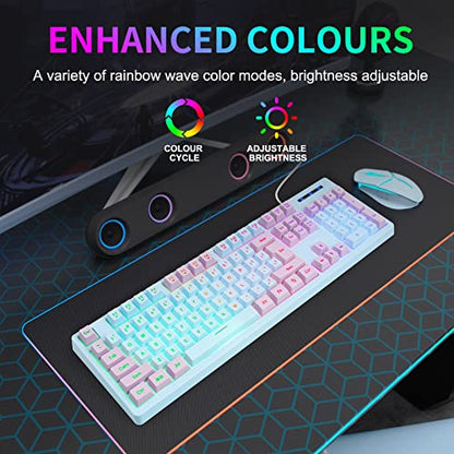 HUO JI Gaming Keyboard USB Wired with Rainbow LED Backlit, Floating Keys, Mechanical Feeling, Spill Resistant, Ergonomic for Xbox, PS Series, Desktop, Computer, PC, Blue Purple - color: Blue/Purple