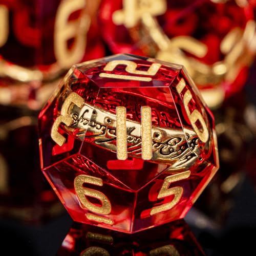 Magic Golden Ring DND Dice Set Sharp Edge Red Resin Dice with Box, for use with Dungeons Dragon RPG D&D Tabletop Games Lord D and D Polyhedral Dice Set - color: Ring - Red-1