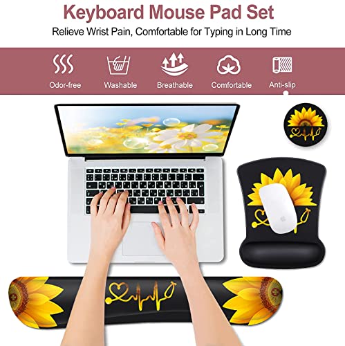 Mouse Pad Wrist Guard and Keyboard Wrist Rest, Ergonomic Wrist Protection Non-Slip Rubber Base Mouse Pad Sunflower and ECG Stethoscope Pattern, Personalized Fashionable Black Office Accessories - color: Jv-mouse Pad-11