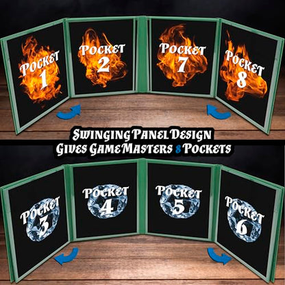 CASEMATIX DM Screen PU Leather 8-Panel Deluxe GM Screen - Eight Panel Folding Game Master Screen with 2 Swinging Panels and Wet Erase Pockets for TTRPGs - Green, Inserts Not Included, Green - color: Green