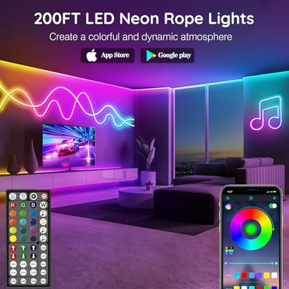 AILBTON 200Ft Neon Rope Lights,Flexible Led Rope Lights Control with App/Remote,Multiple Modes Music Sync Gaming RGB Led Neon Lights for Bedroom Outdoor - size: 200FT
