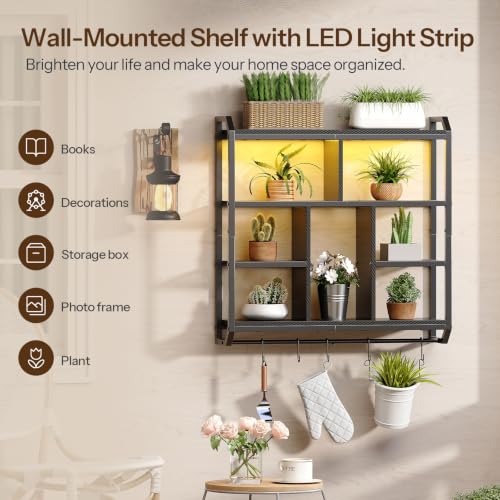 HOOBRO Gaming Floating Shelves with LED Light, 28.1" LED Wall Shelf Black | 4-Tier Wall Mounted Shelves for Storage, Floating Wall Shelf Display Rack With Hanging Rod, for Bedroom Game Room Living Room - color: Black