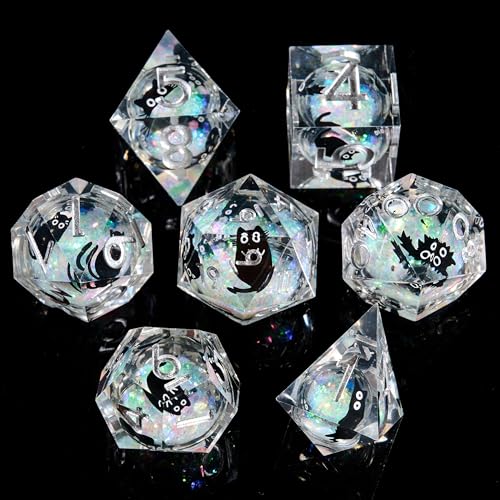 Polyhedral Dice Set D&D Sharp Edge Dice Resin Iridecent Mylar Galaxy for RPG Role Playing Compatible with DND Gift (White Quicksand + Black Cat) - color: White Quicksand Black Cat