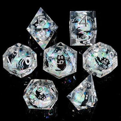 Polyhedral Dice Set D&D Sharp Edge Dice Resin Iridecent Mylar Galaxy for RPG Role Playing Compatible with DND Gift (White Quicksand + Black Cat) - color: White Quicksand Black Cat