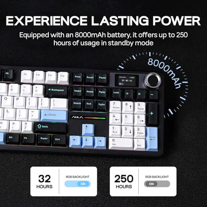 EPOMAKER X Aula F108 PRO Wireless Gaming Keyboard with Screen, 8000mAh Battery, 104 Hot-Swappable and Programmable Keys and Knob, RGB Backlight, for Mac/PC/Android (Blue&White&Black) - color: Blue&White&Black