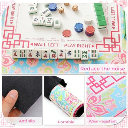 Pink Floral Mahjong Mat with Rules 31.5" x 31.5" Non-Slip Noise Reduction Gaming Mat with Carrying Bag American Mahjong Table Cover for Poker Board Card Games Dominoes - style: Pink and Green