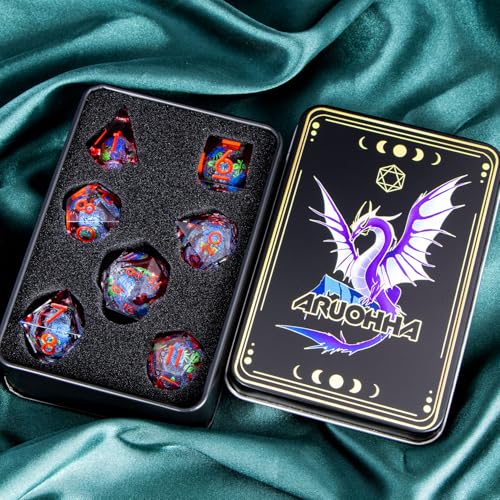 ARUOHHA Liquid Core DND Dice Set, Vampire Sharp Edged Dragons Dice Compatible with D&D RPG Role Playing Games, Resin Blood Red Polyhedral Dungeons D and D Dice with Gift Box D20 D12 D10 D8 D6 D4 - color: Rose - Red Blue