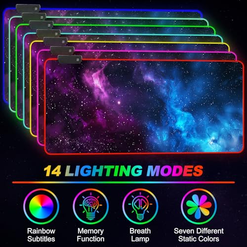 RGB Mouse Pad Led,XXL Large Mouse Pad Purple Blue Starry Nebula, Big Mouse mat Computer Mousepad with 14 Light Modes, 35.4 x15.7 Inch Keyboard Mat - color: Purple Blue Starry Nebula