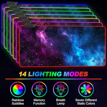 RGB Mouse Pad Led,XXL Large Mouse Pad Purple Blue Starry Nebula, Big Mouse mat Computer Mousepad with 14 Light Modes, 35.4 x15.7 Inch Keyboard Mat - color: Purple Blue Starry Nebula
