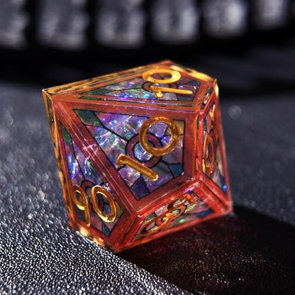 HAOMEJA Double Layered Resin Dice Set 7pcs/ Stained Glass Effect & Gold Numbers/Sharp Edged Polyhedral Dice/Apply to D&D/DND/Role Playing Game/RPG/Party Gift (Red Sky) - color: 1 Red Sky