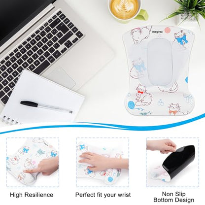 MEGREZ 4-in-1 Mouse Pad with Wrist Rest Ergonomic Memory Foam Desk Mat Set | ergonomic, anti-slip base, 4pcs set, desk pad, mouse wrist rest, keyboard rest, coaster, ideal for office & gaming - color: Bow Kitten